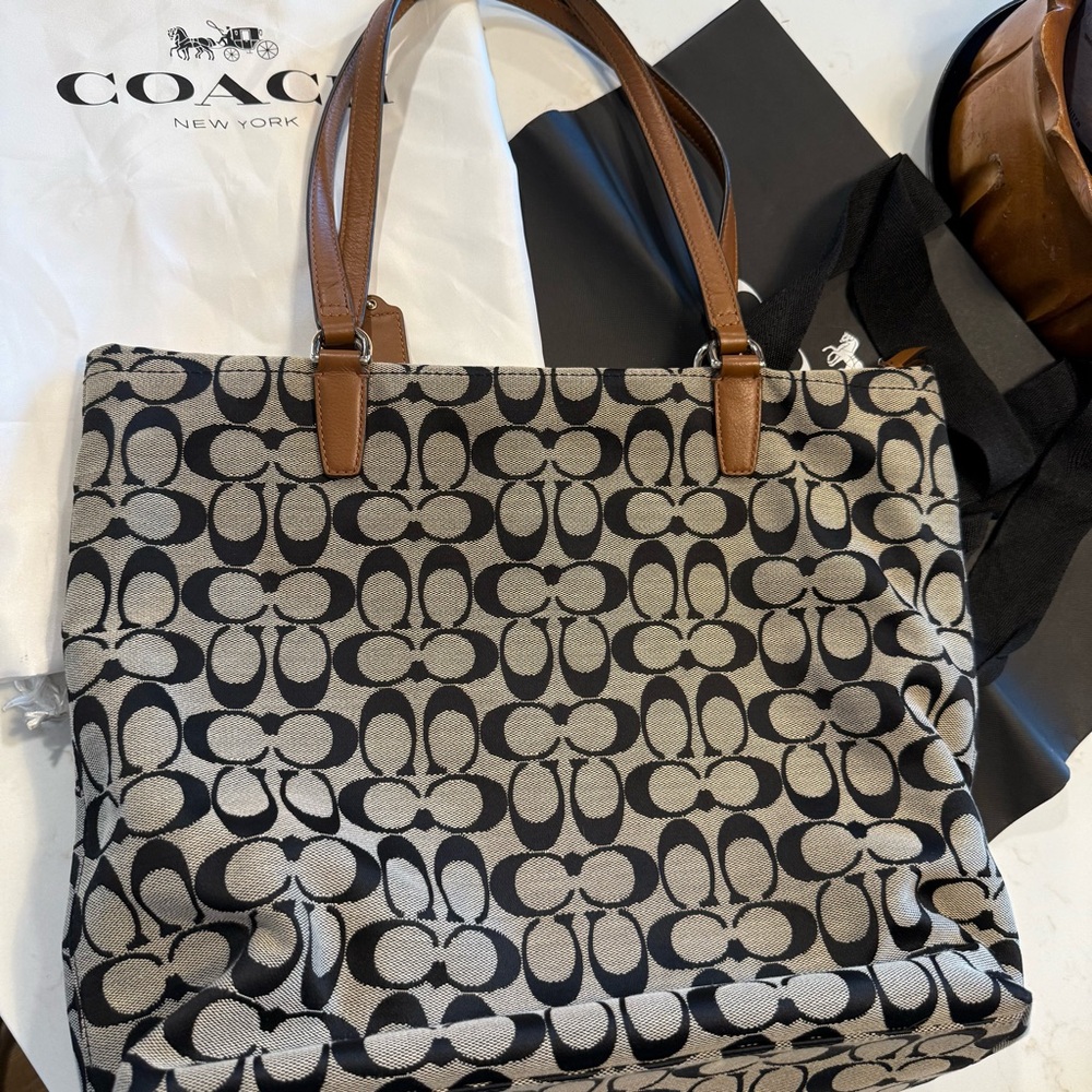 Coach Black Cream Signature Canvas Tote with Brown Leather Trim - Picture 7 of 12